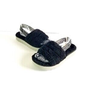 UGG Fluff Yeah Slide Black Slipper Sandal Sz 7 38 Sheepskin Fur Gray Soles